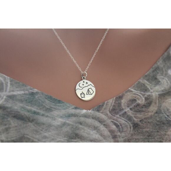 Sterling Silver Camping Necklace, Silver Campfire Mountain Scene Necklace - Picture 3 of 3